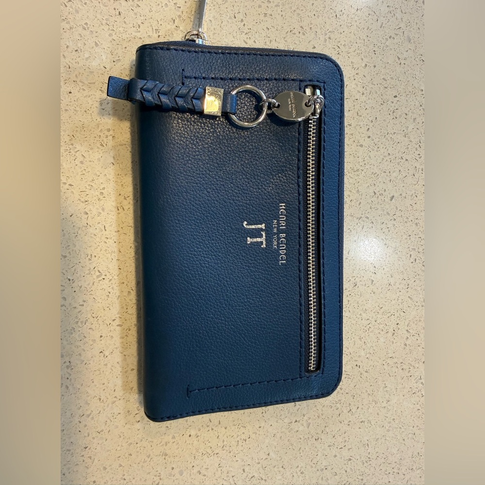 Henri Bendel Navy Leather Wallet with Silver Accents